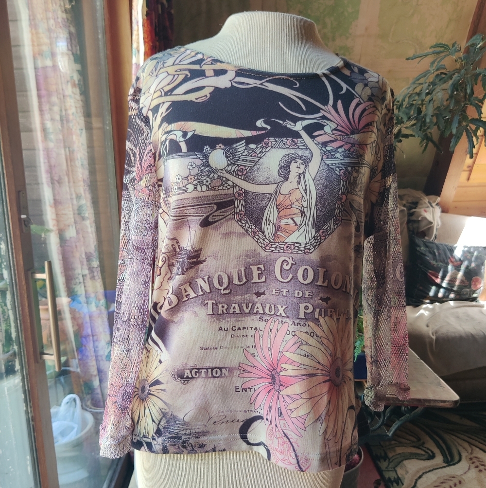 80s 90s Art Nouveau Printed Shirt Womens M Mesh Sleeves Stretchy Grunge Artsy